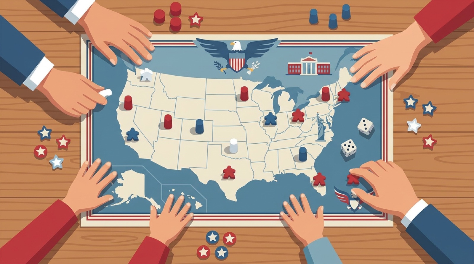 An overhead flat illustration of an americana board game night with red white and blue pieces